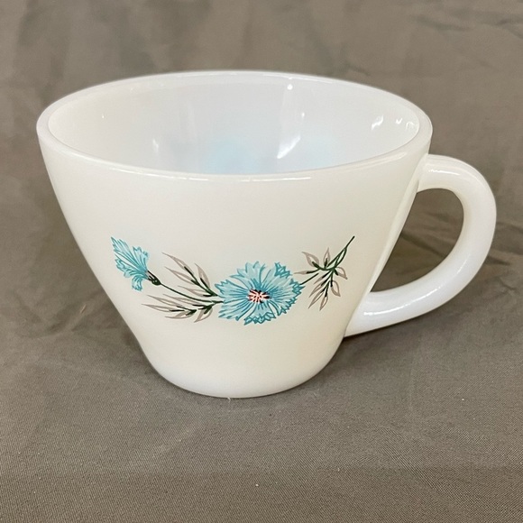 Vintage Fire King Oven Ware Milk Glass Bonnie Blue Carnation Cup and Saucer Set - Picture 2 of 8